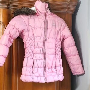 Guess little girls pink zipper winter jacket with a hoo Very good used cond 6X H
